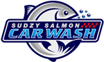 Sudzy Salmon Logo showing a fish with bubbles around a car wash sign. 